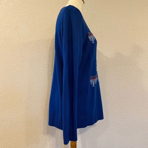 “Happy Challa Days” Knit Sweater Size L Royal Blue Hanukkah MenorahJewishHoliday - Picture 5 of 10